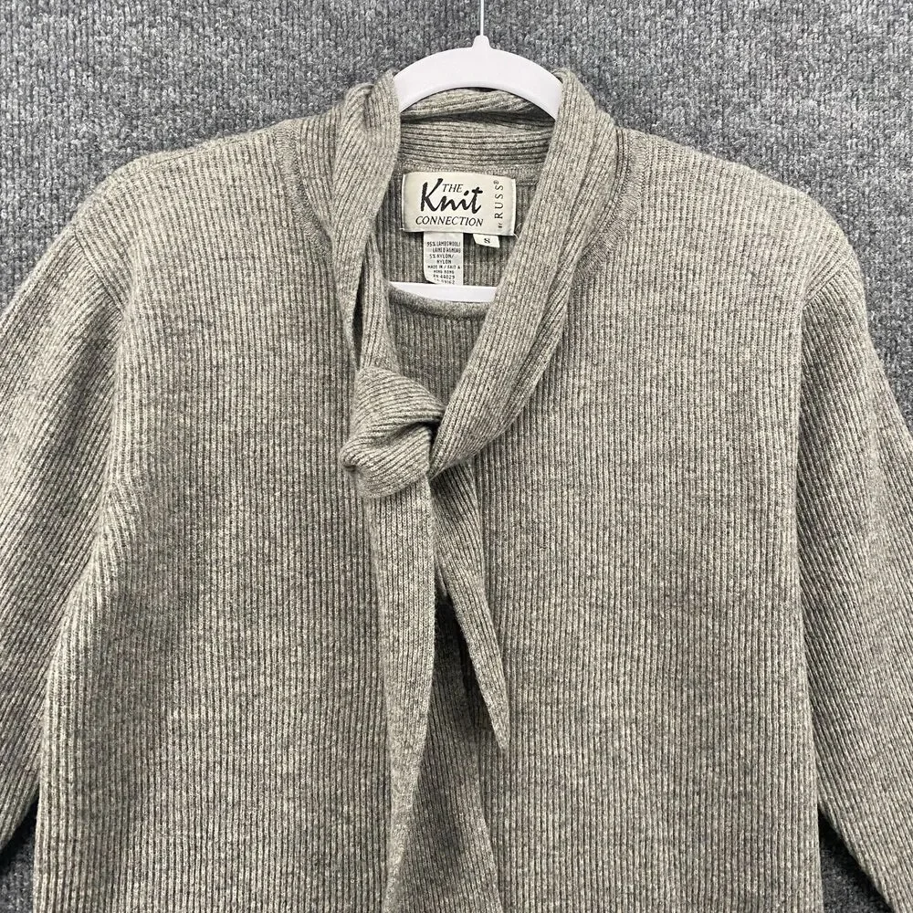 Vintage Russ Lambswool Sweater Womens S Gray Neck Tie Pullover‎ Preppy Old Money